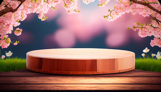 Palco de vitrine de exibição de produto de mesa de madeira vazia com fundo de flor de cerejeira de primavera Generative ai