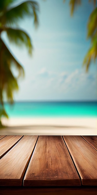 Palco de vitrine de exibição de produto de mesa de madeira vazia com fundo de praia de verão tropical Generative ai