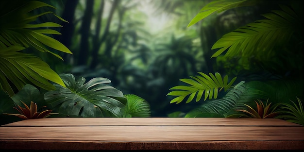 Palco de vitrine de exibição de produtos de mesa de madeira vazia com selva tropical exuberante folhas de fundo Generative ai