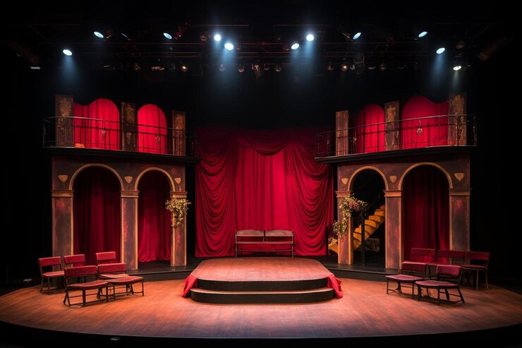 Foto palco do auditório com um conjunto de elementos de teatro vintage
