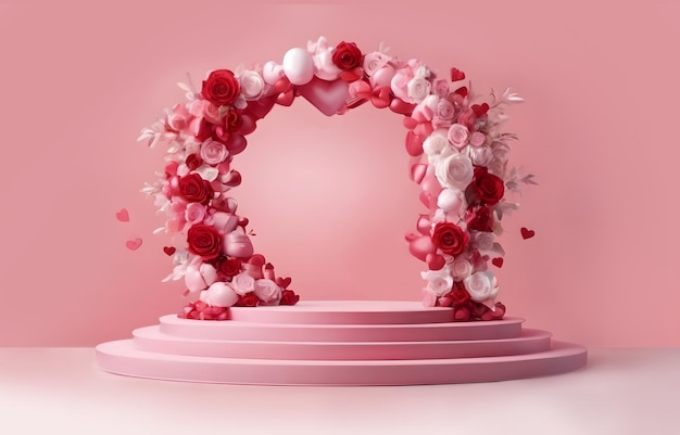Foto palco do palco do dia dos namorados para colocação de produtos com arco de flores rosa e vermelha