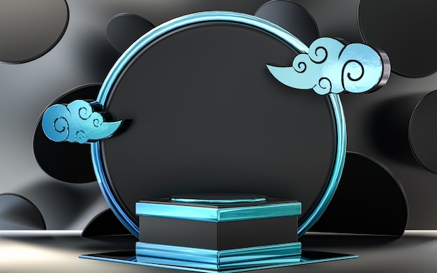palco do pódio do círculo abstrato da nuvem azul metálico escuro para apresentação do produto renderização em 3d