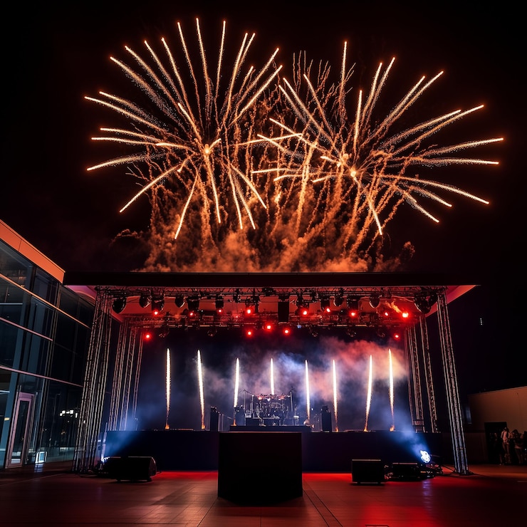 Foto palco em um concerto de música com luzes fogos de artifício fumaça estrutura metálica e alto-falantes