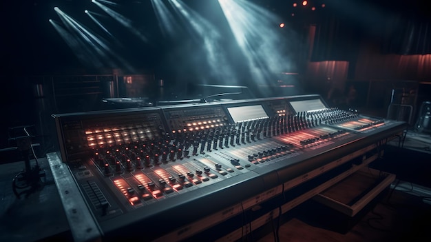 Palco escuro com console imponente e iluminação dramática para produção de concerto ao vivo em leilão de clube