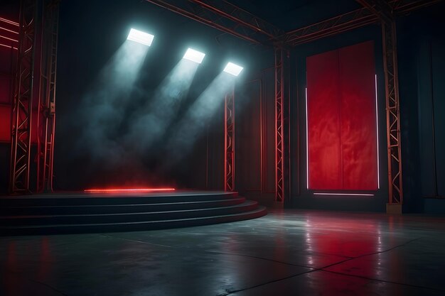 Palco escuro com fundo vermelho cena vazia luzes de néon e spotlights chão de concreto fumaça
