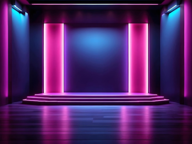 palco escuro de néon mostra sala vazia luz de néon spotlights azul escuro roxo rosa fundo pista de dança