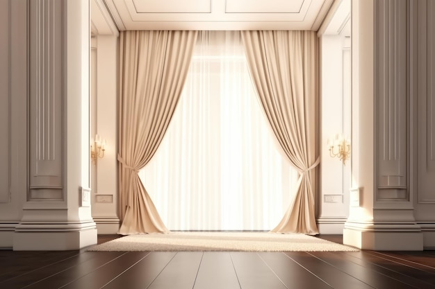 Palco formal com duas camadas de cortinas brancas AI