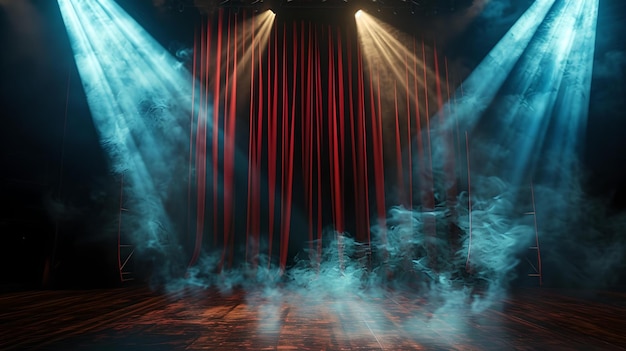 Palco místico com cortinas vermelhas e iluminação dramática teatro vazio pronto para suspense de performance no palco com neblina AI