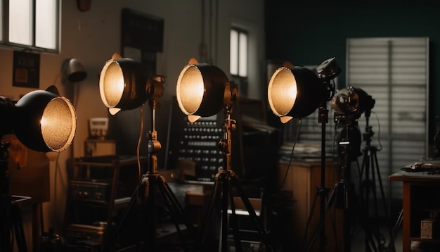 Palco moderno iluminado por equipamentos holofotes brilhantes gerados por IA