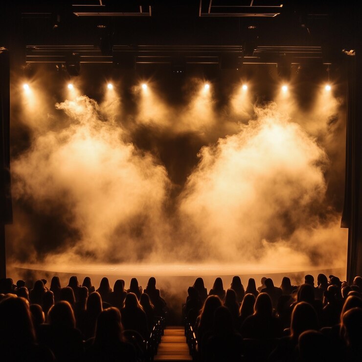 Foto palco para espetáculos e eventos noturnos com alto-falantes, luzes de fumaça e espetáculo pirotécnico