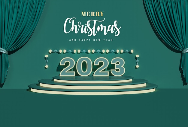 Palco redondo para apresentação em 2023 Fundo para feliz ano novo e feliz natal renderização 3d