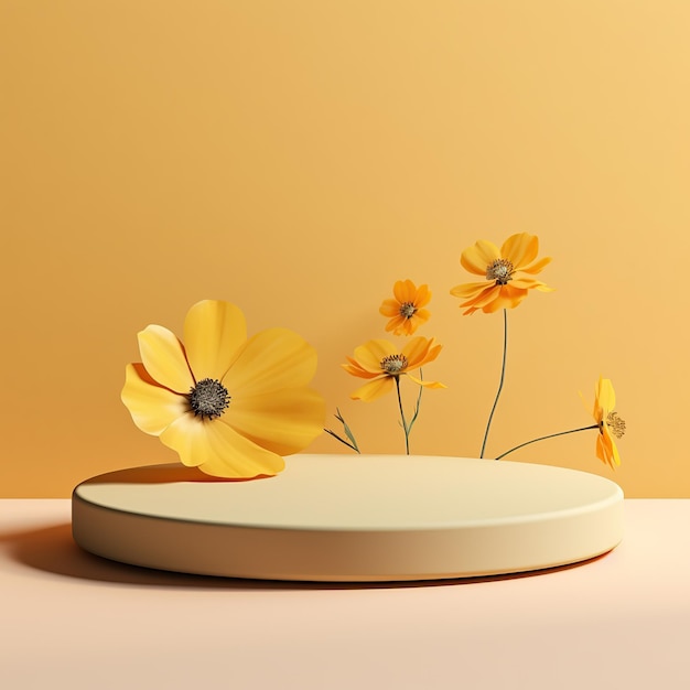 Palco redondo vazio para produto Lugar de pedestal de pódio para plataforma de demonstração de produto Minimalismo flores volumosas amarelo pastel