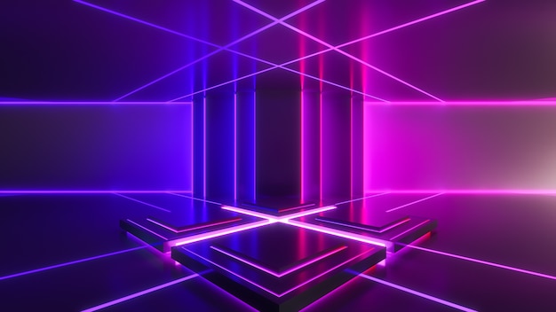 Palco retangular com luz de néon, fundo futurista abstrato, conceito ultravioleta, renderização 3D