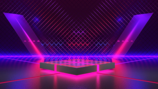 Palco retangular com luz de néon, fundo futurista abstrato, conceito ultravioleta, renderização 3d