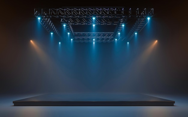 Palco vazio com equipamento de iluminação em um palco spotlight brilha no palco renderização em 3d