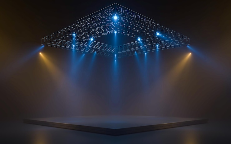 Foto palco vazio com equipamento de iluminação em um palco spotlight brilha no palco renderização em 3d