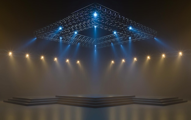 Palco vazio com equipamento de iluminação em um palco spotlight brilha no palco renderização em 3d