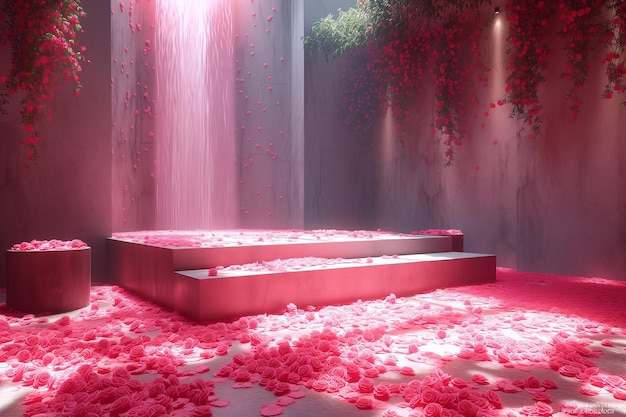 Palco vazio com Surreal Rose Petals Rain em um cenário místico