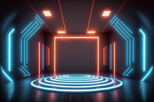 Palco vazio e linhas de neon na renderização 3d do quarto escuro