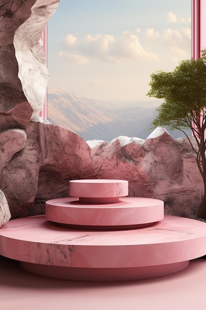 Palco vazio para produto Lugar de pedestal de pódio para demonstração de produto Minimalismo pedras rosa mármore folhas plantas natureza