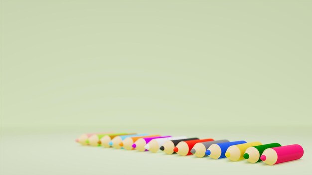 Palco verde com design de lápis de cor e renderização em 3d de tema de educação