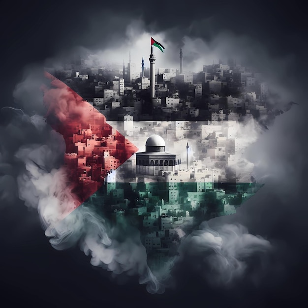Foto palestina con un fondo de humo y la bandera palestina