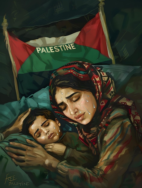 Palestina Libre Salve Gaza Madre abraza a su hijo en la bandera de Palestina llorando por la libertad