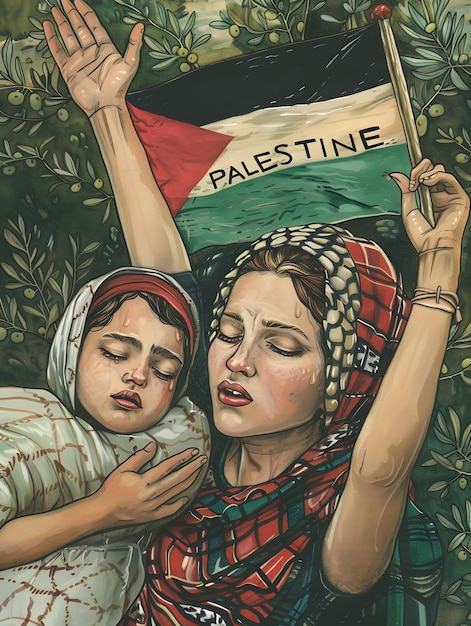 Palestina Libre Salve Gaza Madre abraza a su hijo en la bandera de Palestina llorando por la libertad