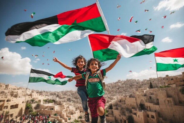 Palestina livre onde as crianças voam como belos anjos sobre sua terra e são felizes e a Palestina