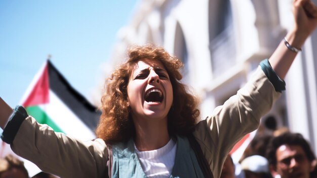 Foto palestina protesta por la libertad en la plaza de la ciudad para salvar el sufrimiento civil durante el conflicto y la guerra