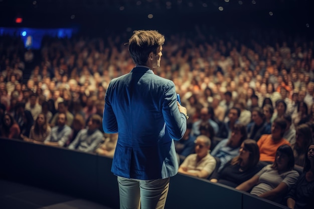 Palestrante se apresentando no palco com holofotes conversando com muitas pessoas em eventos profissionais de público