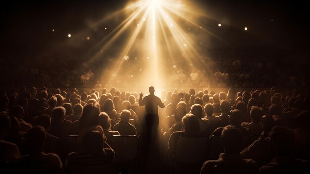 Foto palestrante se apresentando no palco com holofotes conversando com o público