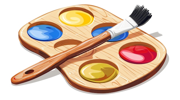 Foto una paleta de artistas de madera con cuatro colores de pintura rojo azul amarillo y verde y un pincel la paleta está hecha de madera
