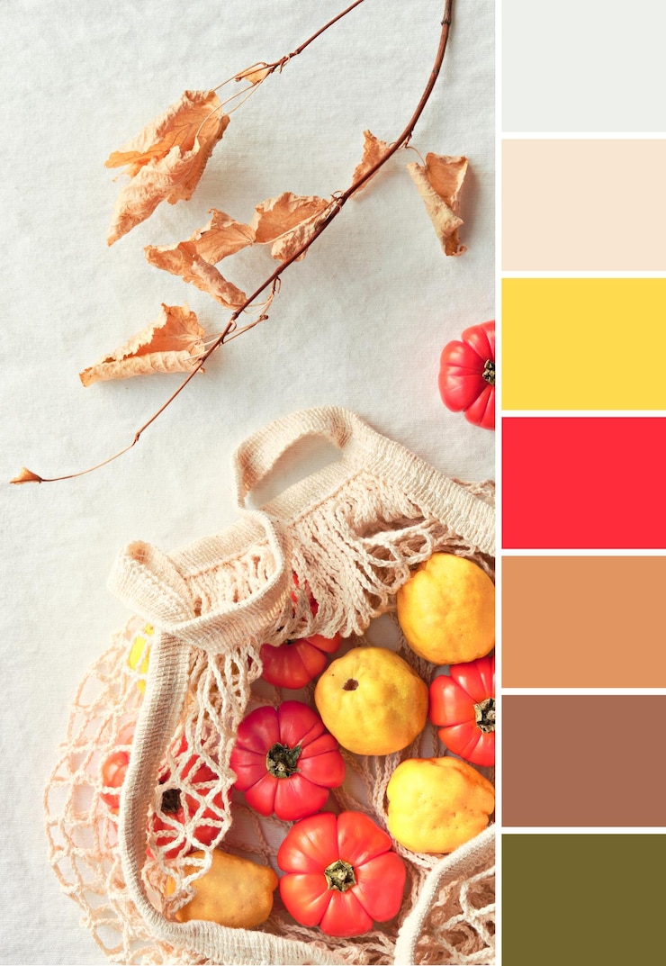Foto paleta de combinación de colores de la imagen de calabazas decorativas naranjas y membrillos amarillos vibrantes en una bolsa de malla de color crema blanquecina o una bolsa de cuerdas otoño otoño plano sobre una mesa blanca con hojas secas de otoño