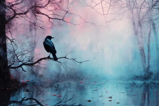 Paleta de cores pastel da floresta fria e nebulosa Corvo sentado no caule Estilo de aquarela Feito com IA generativa