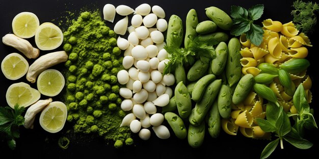 Foto paleta de massas celebrando o contraste culinário verde do coentro e branco do parmesão