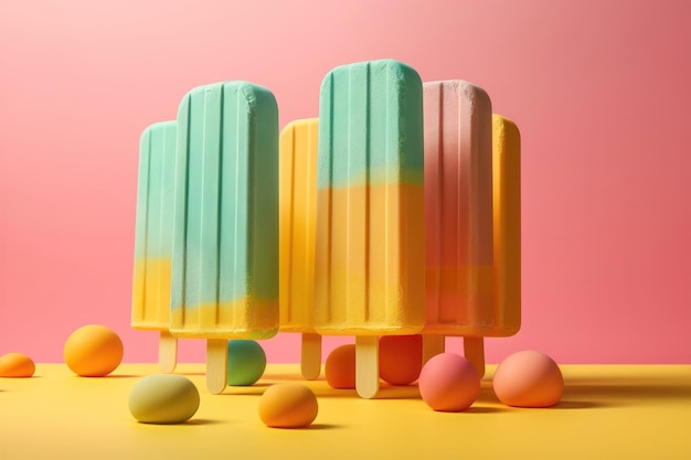 Paleta de helado de colores sobre fondo pastel generado por IA