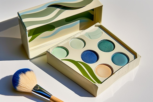 Una paleta de maquillaje con seis tonos diferentes de azul y verde