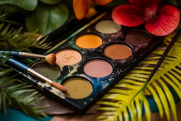 Paleta de maquillaje tropical con pinceles colores vibrantes para un aspecto veraniego IA generativa