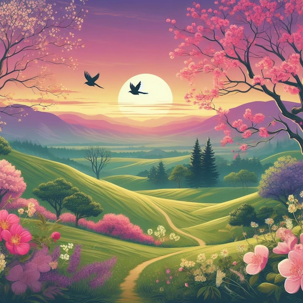 La paleta de la naturaleza del despertar de la primavera se desarrolla con un fondo de naturaleza verde y rosa