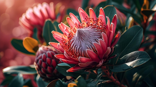 Foto paleta de naturalezas flores de protea brillantes y coloridas que adornan un fondo bohemia ia generativa