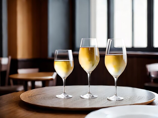 Paleta neutral de vino blanco realista iluminación cálida atmósfera acogedora detallada en un restaurante vacío mostrada en un tiro extremo generativo AI generado