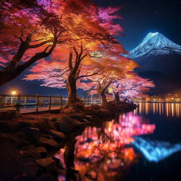 Paleta nocturna de otoño Árboles de colores en Fuji