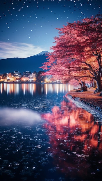 Paleta nocturna de otoño Árboles de colores en Fuji