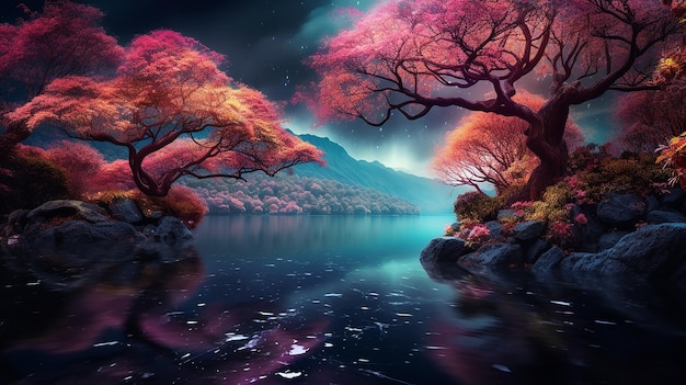 Paleta noturna de outono Árvores coloridas em Fuji