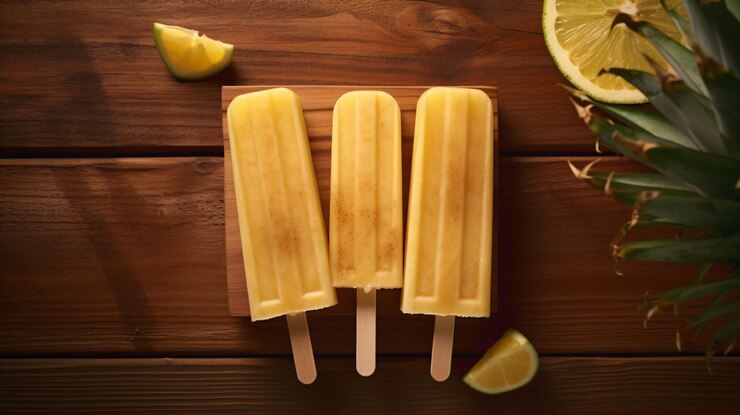 Paleta de piña en la vista superior de fondo de madera para el concepto de fruta de verano