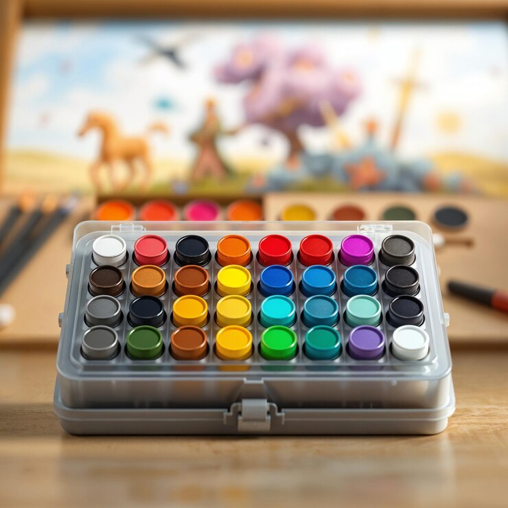 una paleta de pintura con una imagen de un caballo y un caballo en la mesa