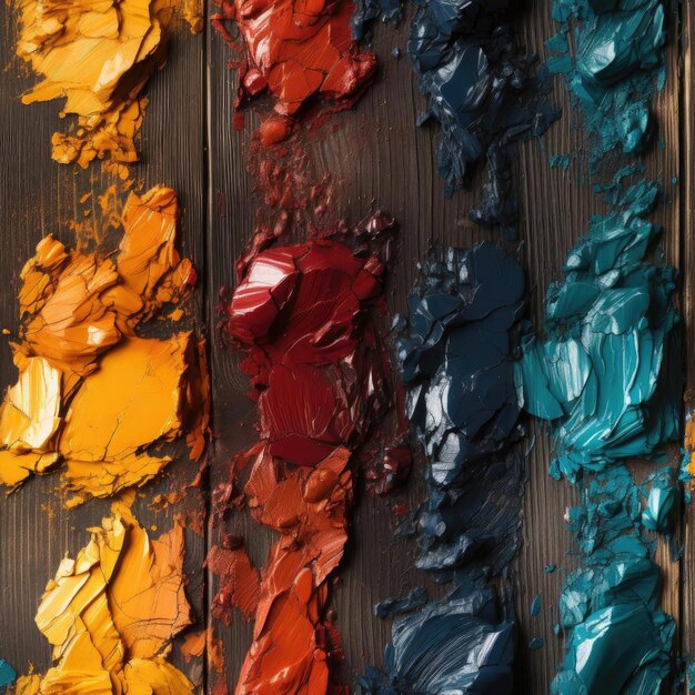 Paleta de pinturas de diferentes colores sobre baldosas de madera