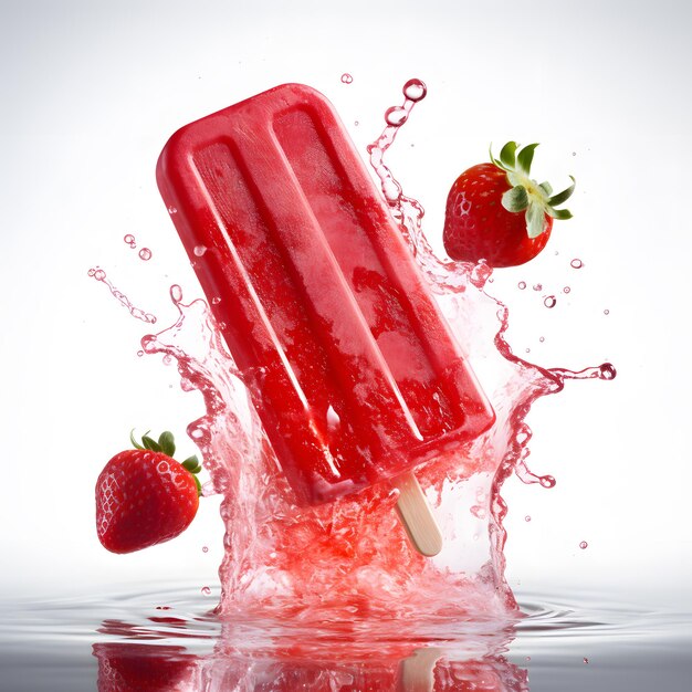 una paleta roja con fresas cayendo al agua