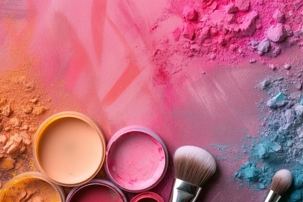 Una paleta rosa y azul de diferentes colores y formas con un pincel para un maquillador